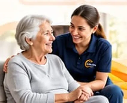 CoreHubility support worker smiling with an older client