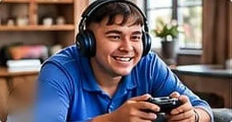 Young man smiling while playing a video game